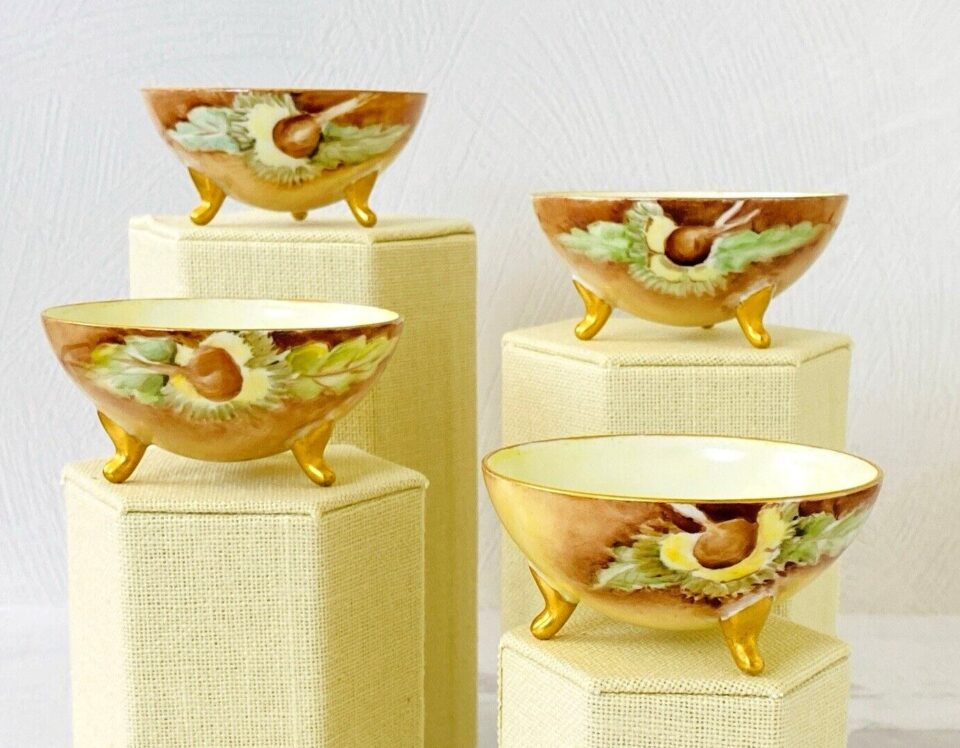 Antique Victorian Set of 4 Hand-Painted Footed Porcelain Salts or Finger Bowls Signed