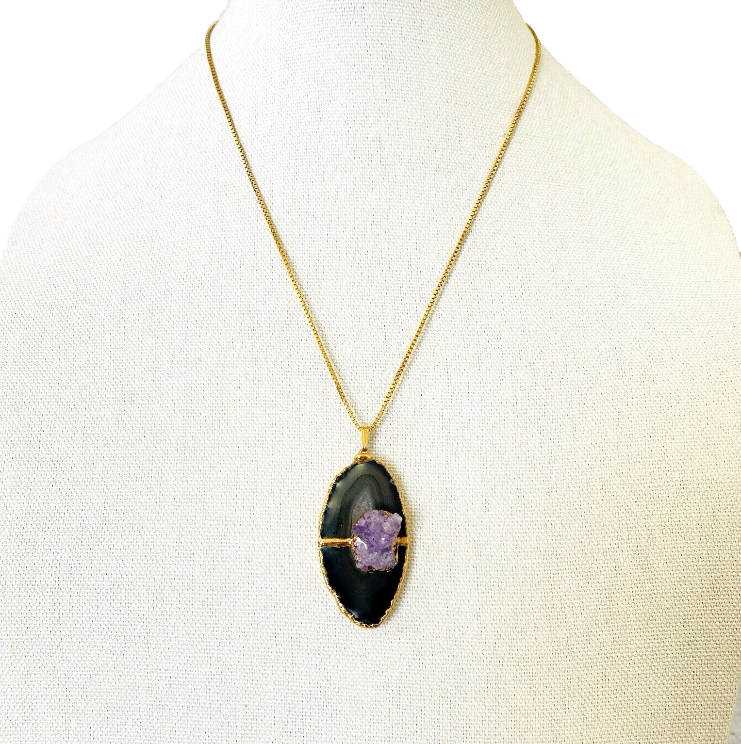 Agate Slice Amethyst Druzy Pendant Necklace
