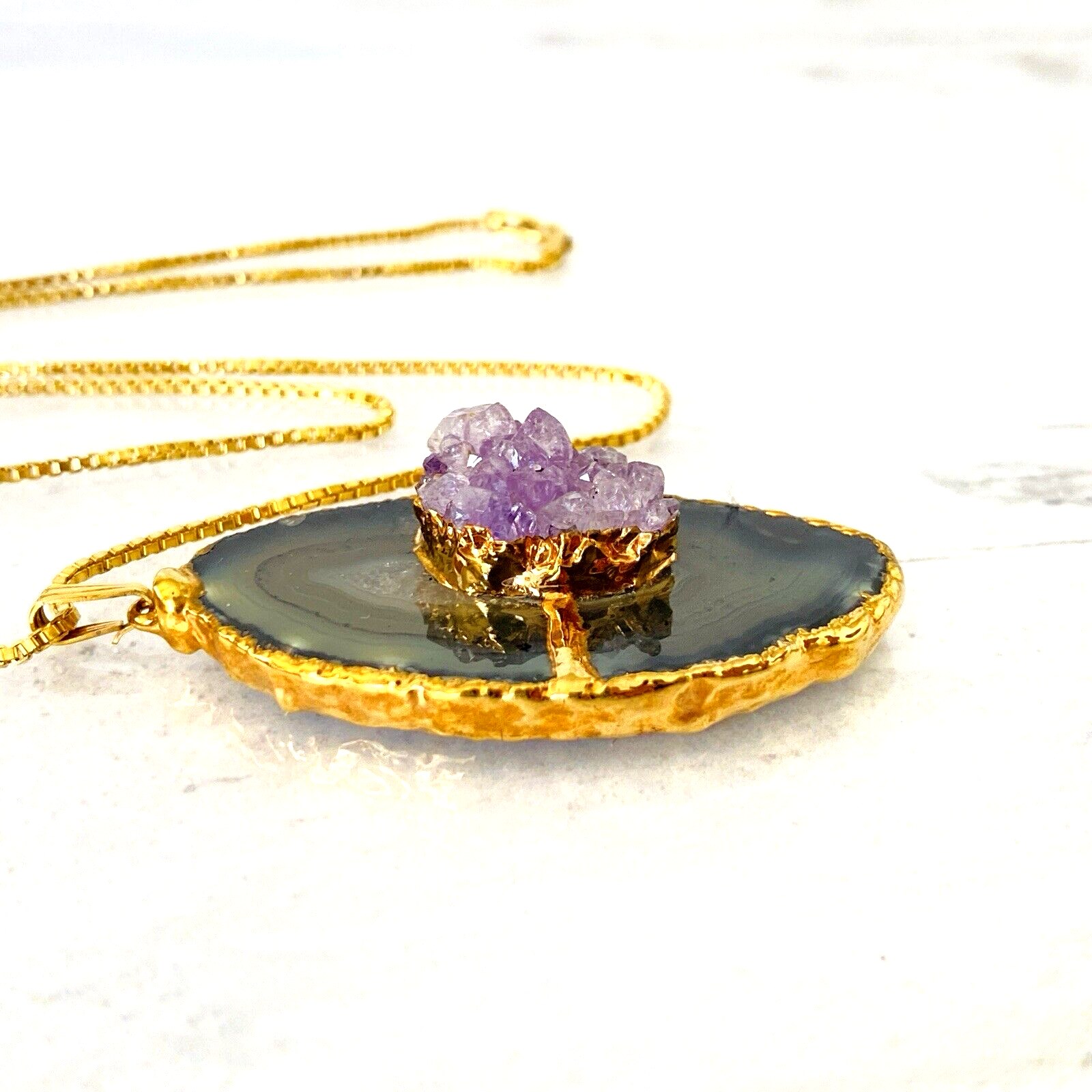 Agate Slice Amethyst Druzy Pendant Necklace