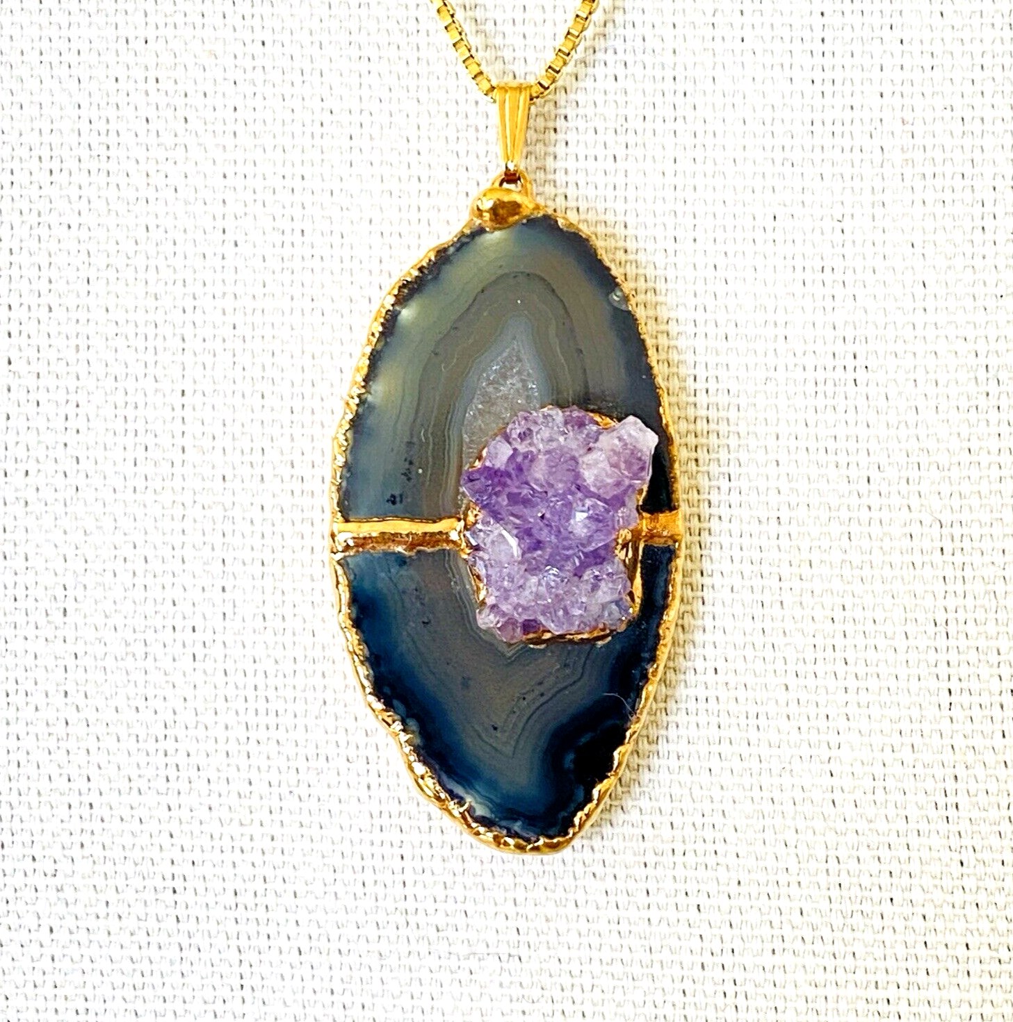 Agate Slice Amethyst Druzy Pendant Necklace