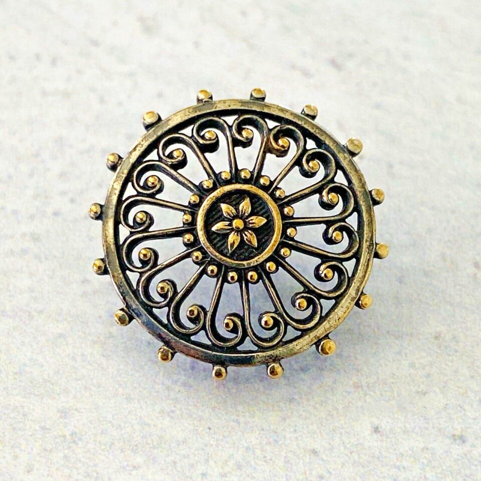 Antique Sterling Silver Filigree Open Work Button with Gold Accents