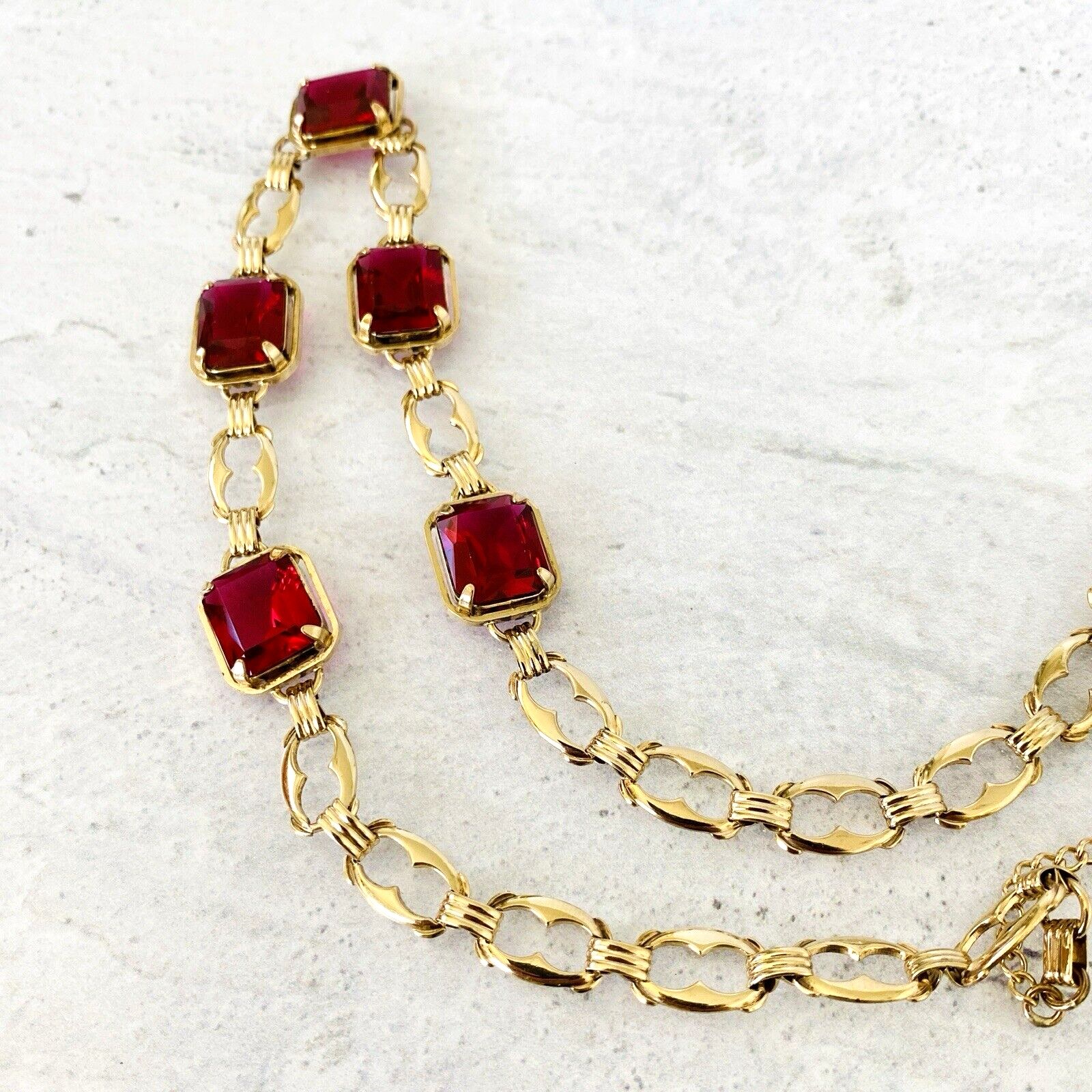 Harry S Bick Ruby Glass Gold Filled Swag Necklace - 20 Inches Long - Vintage - Well Made Signed Stunner -