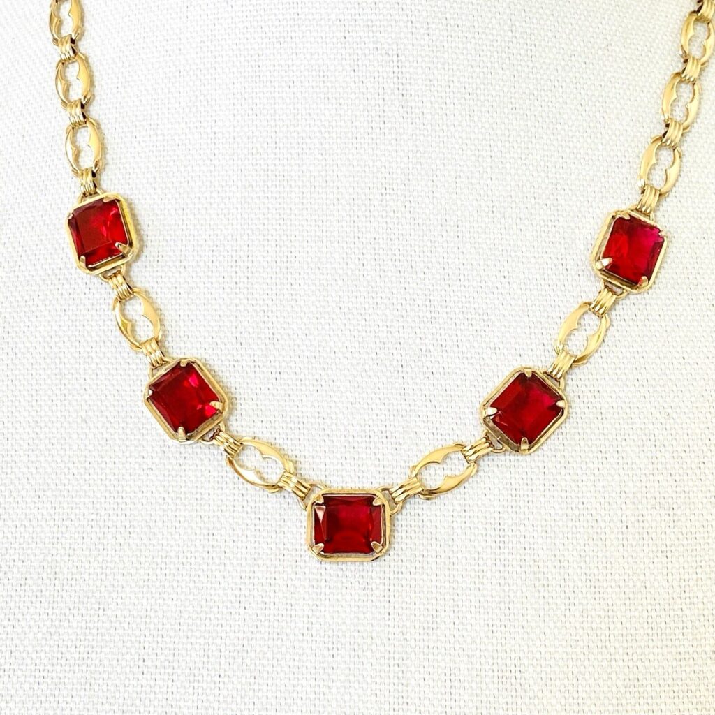 Harry S Bick Ruby Glass Gold Filled Swag Necklace - 20 Inches Long - Vintage - Well Made Signed Stunner -