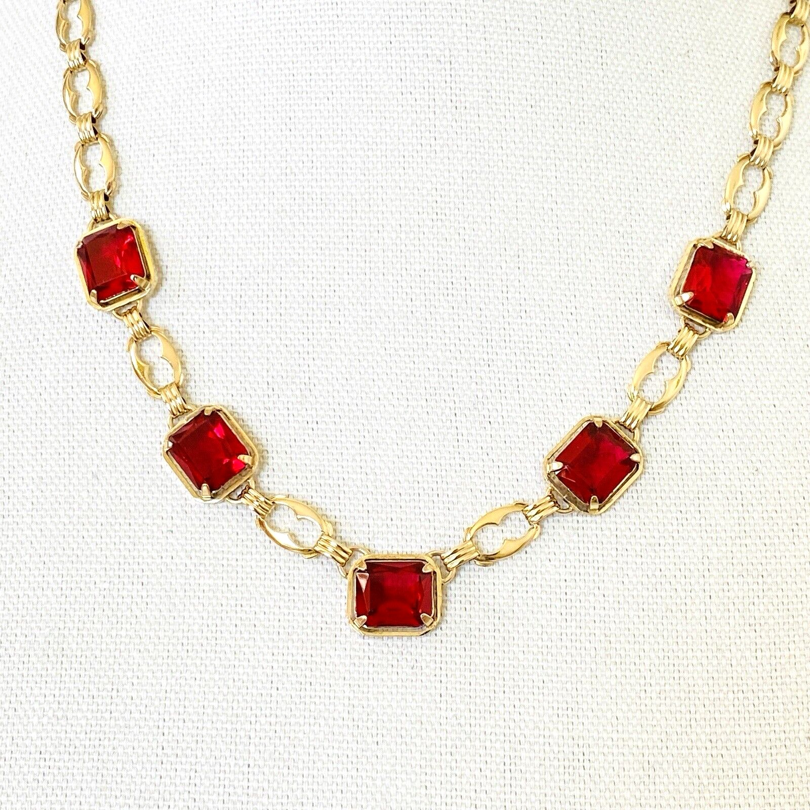 Harry S Bick Ruby Glass Gold Filled Swag Necklace - 20 Inches Long - Vintage - Well Made Signed Stunner -