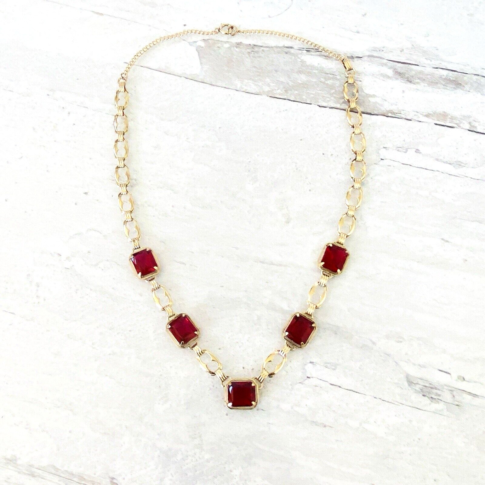 Harry S Bick Ruby Glass Gold Filled Swag Necklace - 20 Inches Long - Vintage - Well Made Signed Stunner -