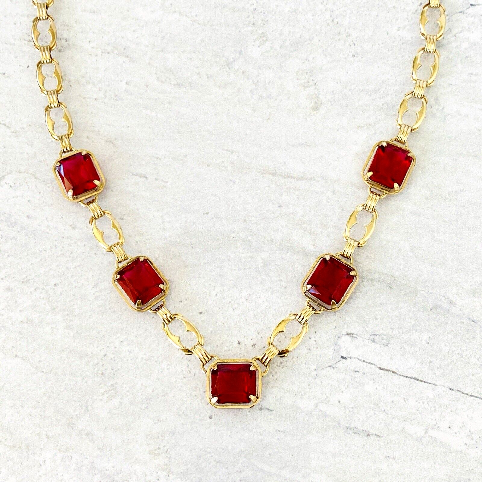 Harry S Bick Ruby Glass Gold Filled Swag Necklace - 20 Inches Long - Vintage - Well Made Signed Stunner -