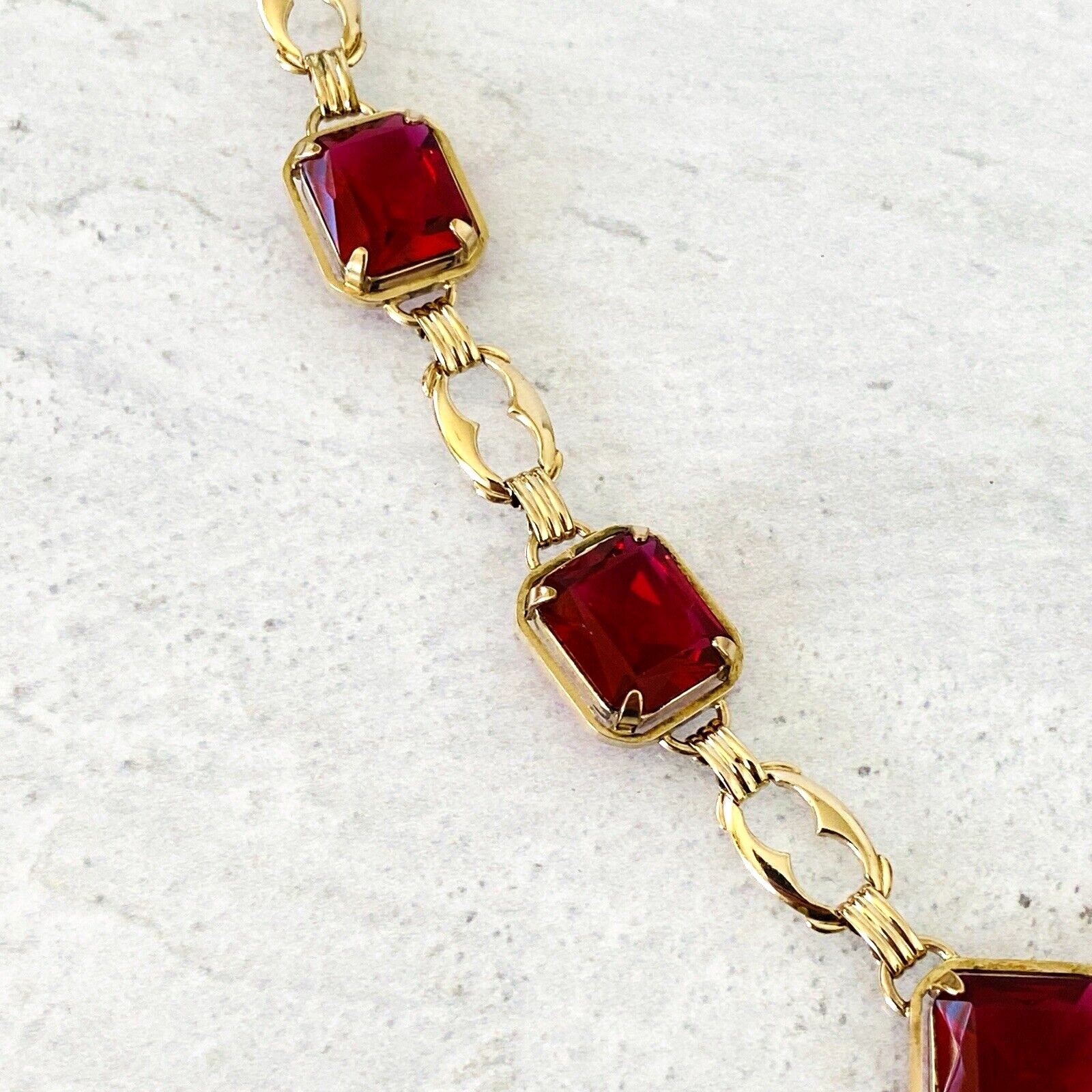 Harry S Bick Ruby Glass Gold Filled Swag Necklace - 20 Inches Long - Vintage - Well Made Signed Stunner -