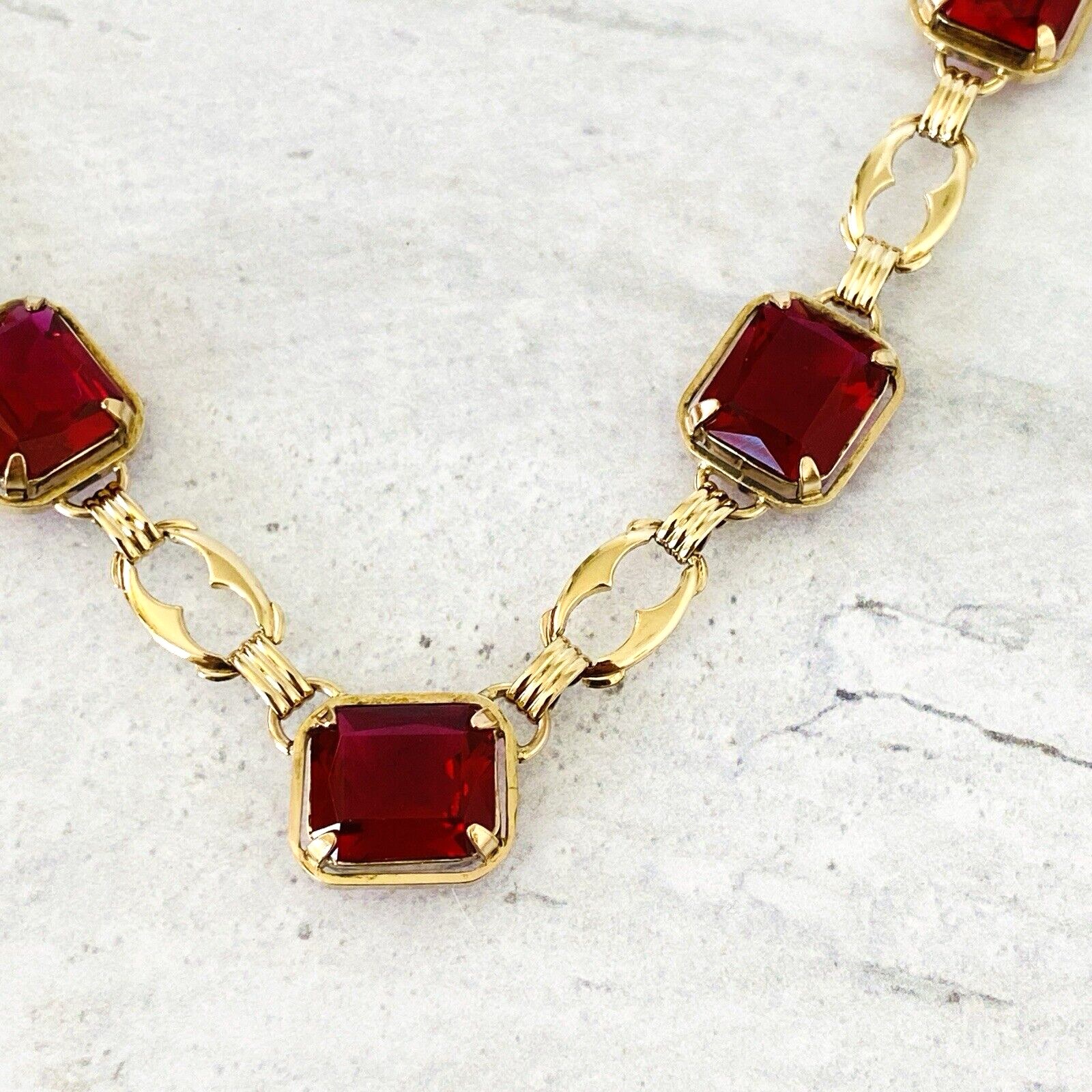 Harry S Bick Ruby Glass Gold Filled Swag Necklace - 20 Inches Long - Vintage - Well Made Signed Stunner -
