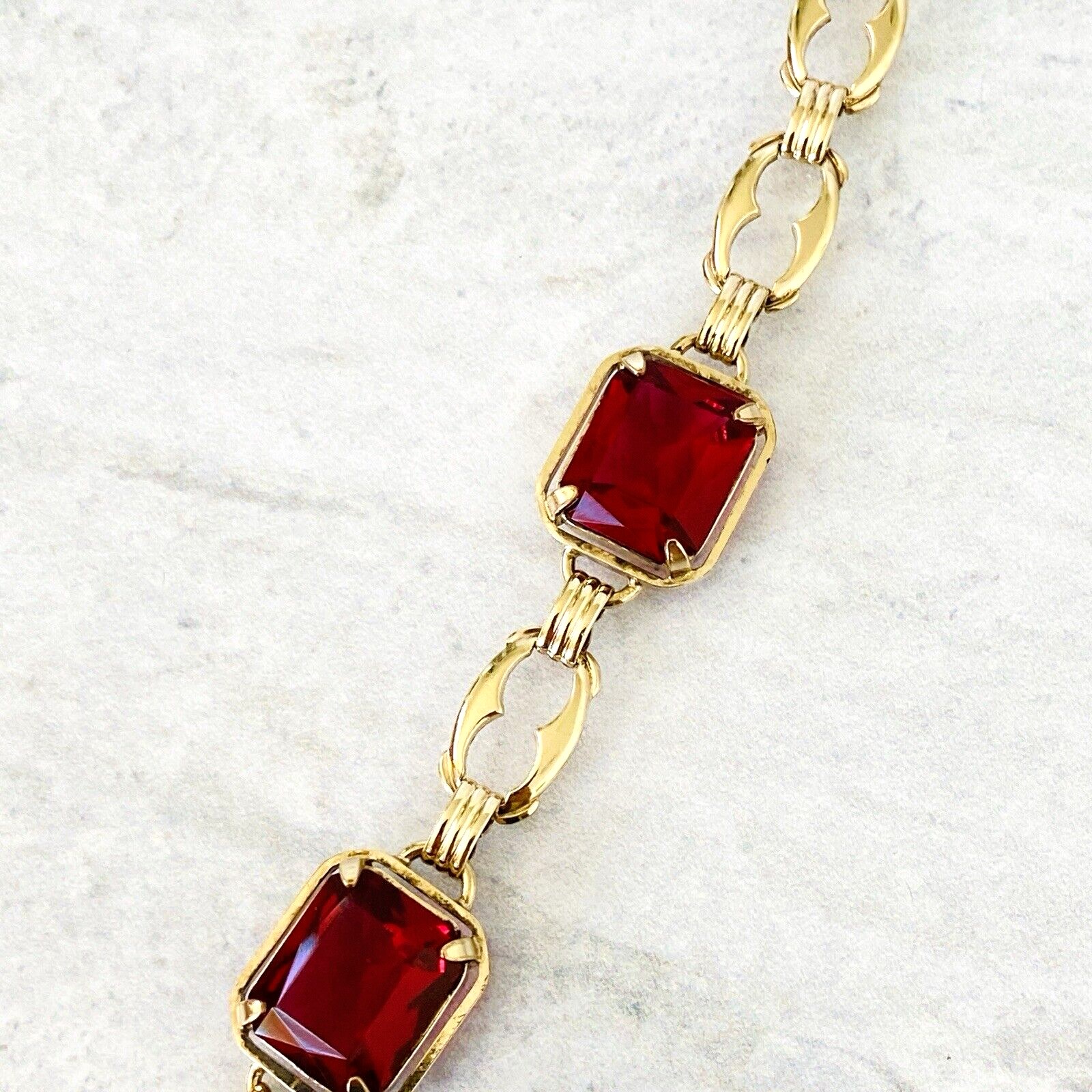 Harry S Bick Ruby Glass Gold Filled Swag Necklace - 20 Inches Long - Vintage - Well Made Signed Stunner -