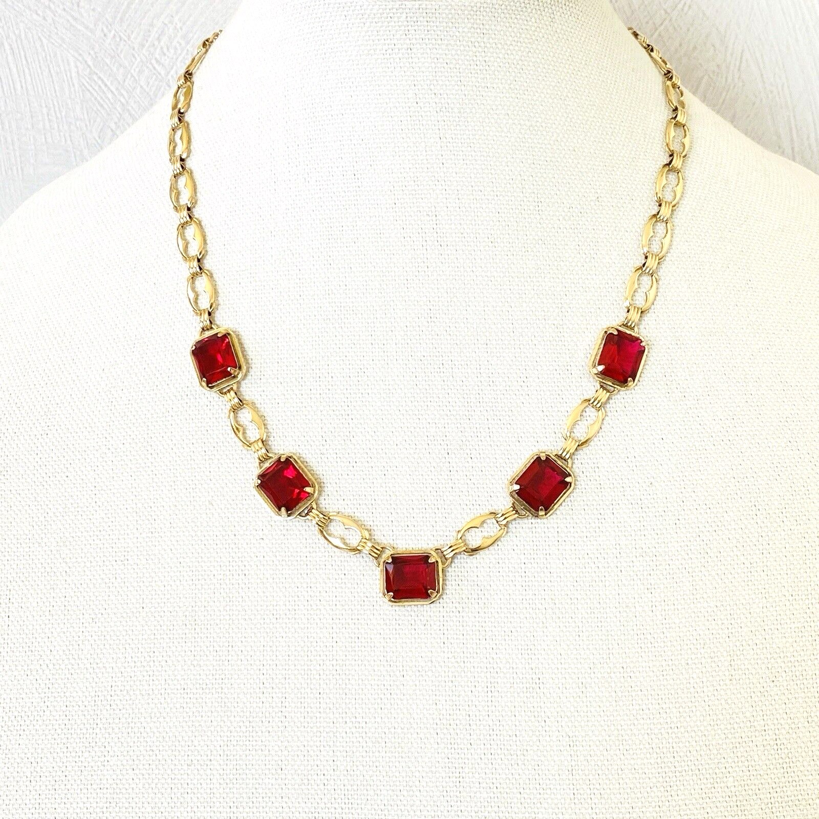 Harry S Bick Ruby Glass Gold Filled Swag Necklace - 20 Inches Long - Vintage - Well Made Signed Stunner -
