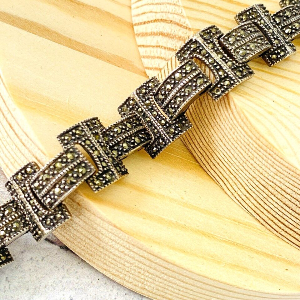 Vintage Art Deco Style Marcasite 825 Silver Bracelet 7 In Arched Links 33.3 Grs