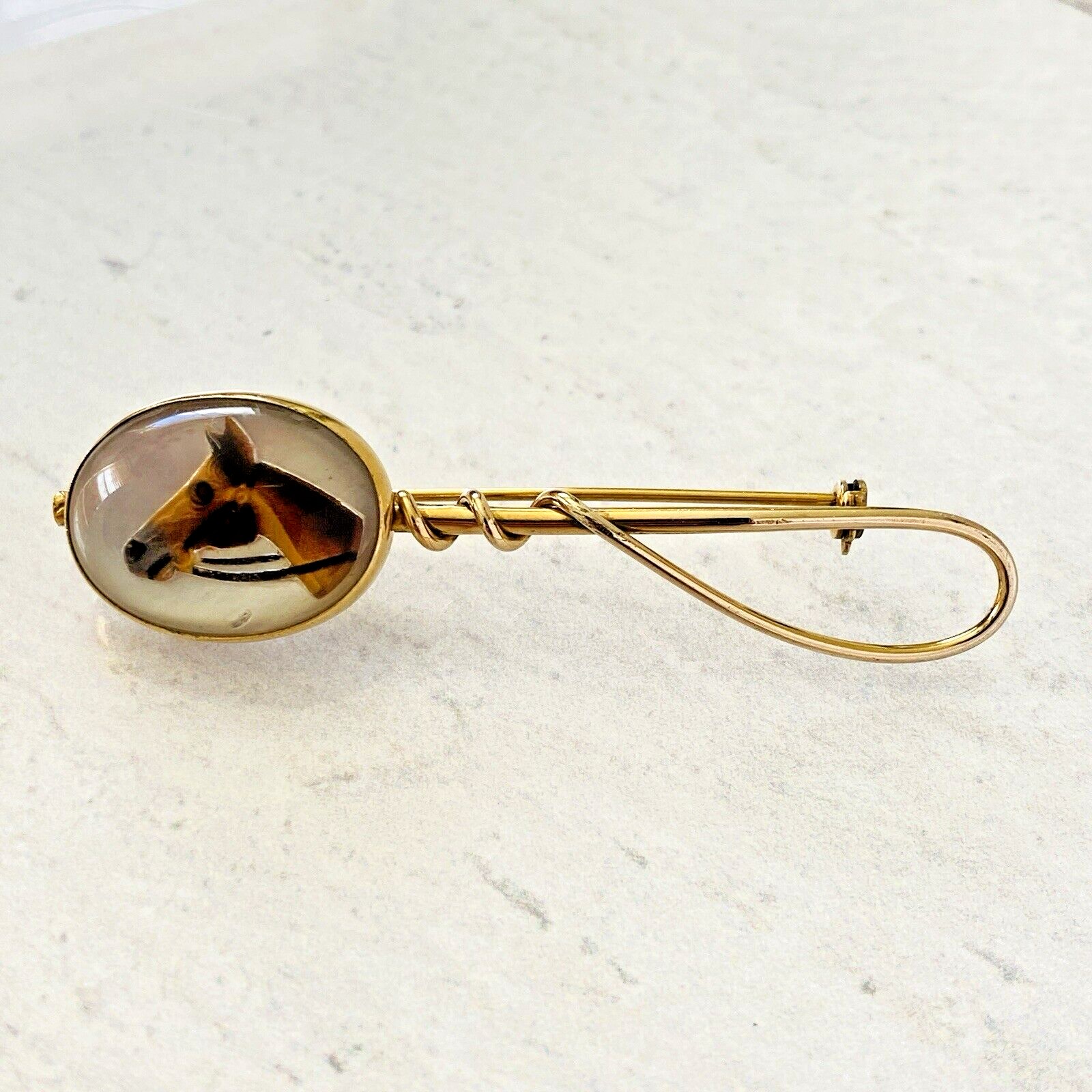 Vintage Faux Essex Crystal Horse Brooch Yellow Gold Filled - Reverse Carved and Painted - Equestrian Jewelry