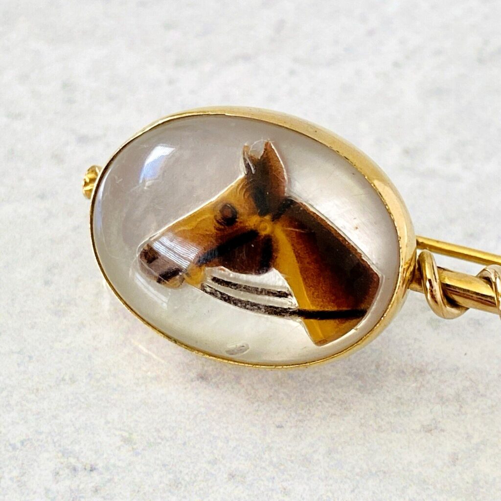 Vintage Faux Essex Crystal Horse Brooch Yellow Gold Filled - Reverse Carved and Painted - Equestrian Jewelry