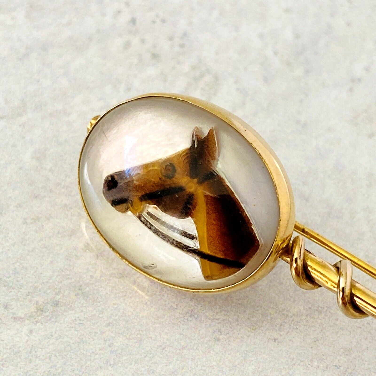 Vintage Faux Essex Crystal Horse Brooch Yellow Gold Filled - Reverse Carved and Painted - Equestrian Jewelry