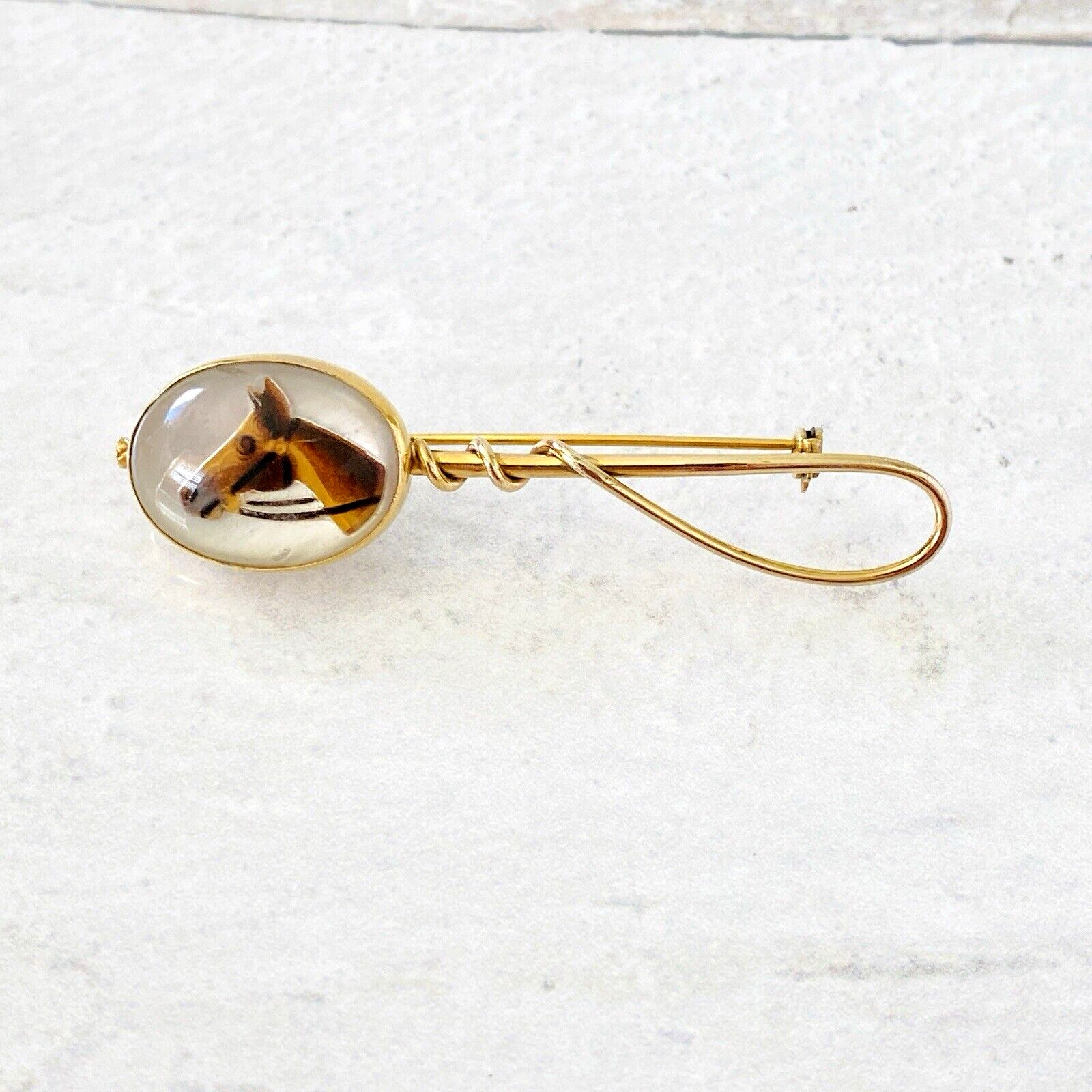 Vintage Faux Essex Crystal Horse Brooch Yellow Gold Filled - Reverse Carved and Painted - Equestrian Jewelry