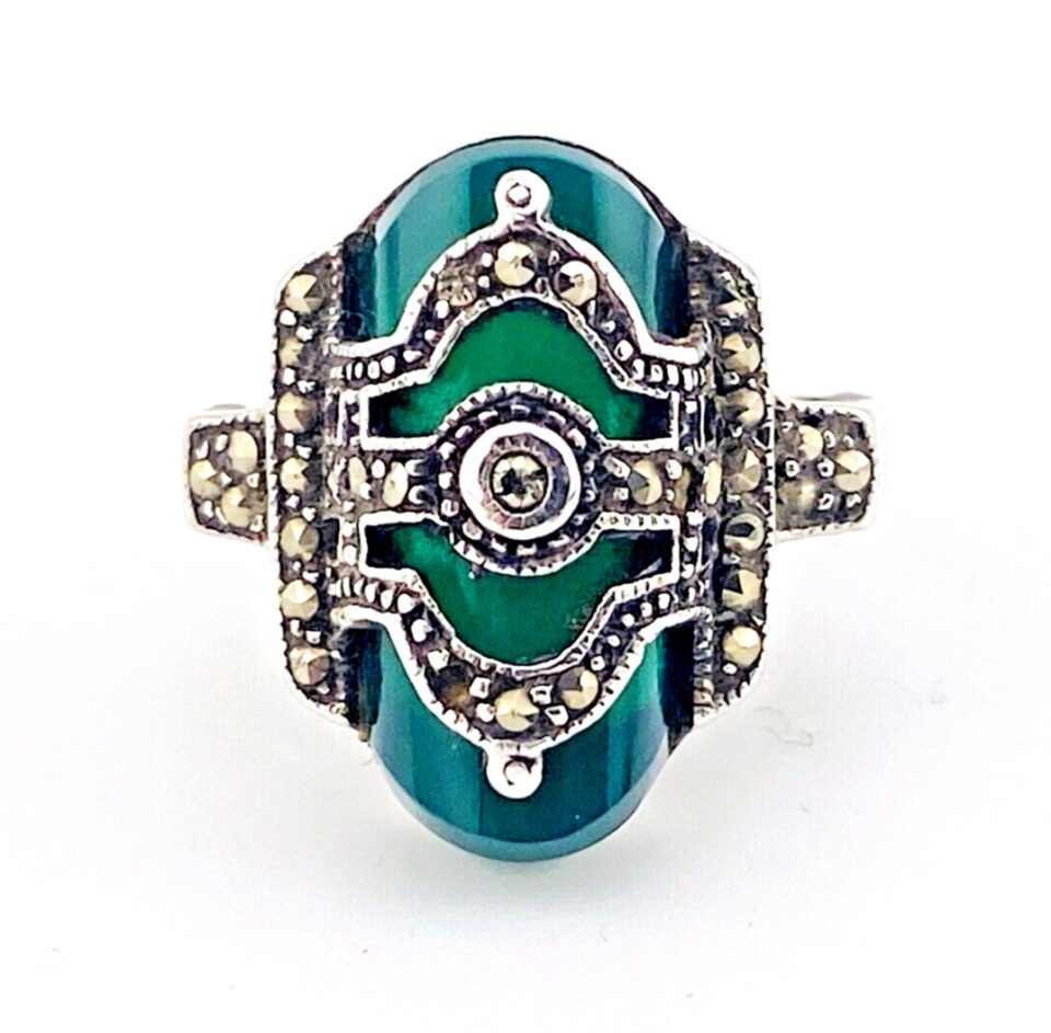 Art Deco Sterling Silver Marcasite Green Onyx Ring