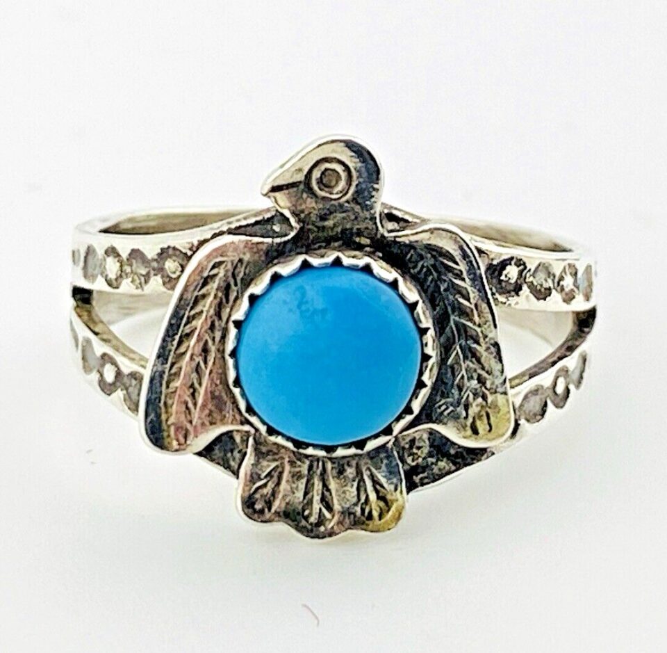 Bell Trading Post Thunderbird Ring Cigar Band Turquoise Cabochon Sz 4.75 Signed