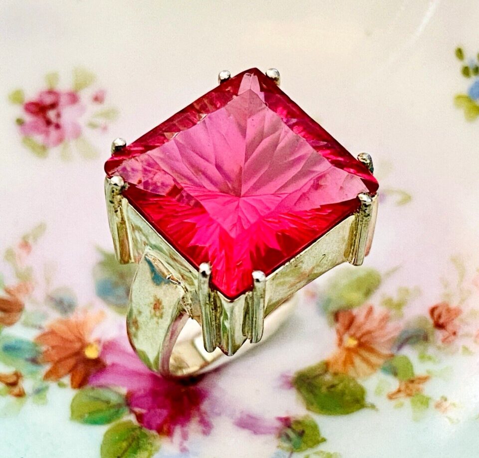 Radiant Cut Neon Pink Ruby Ring