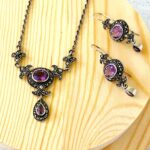 Sterling Silver Marcasite Amethyst Necklace Earrings Set