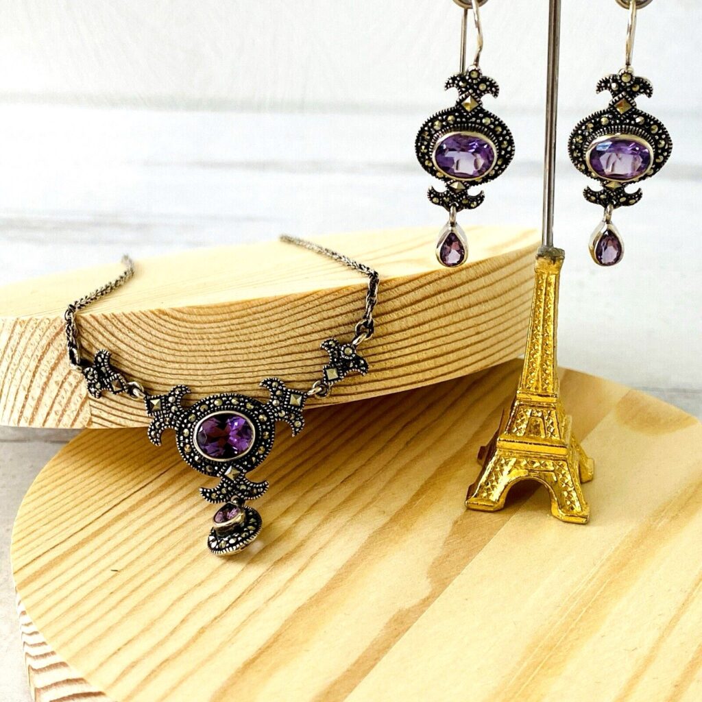 Sterling Silver Marcasite Amethyst Necklace Earrings Set