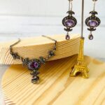 Sterling Silver Marcasite Amethyst Necklace Earrings Set