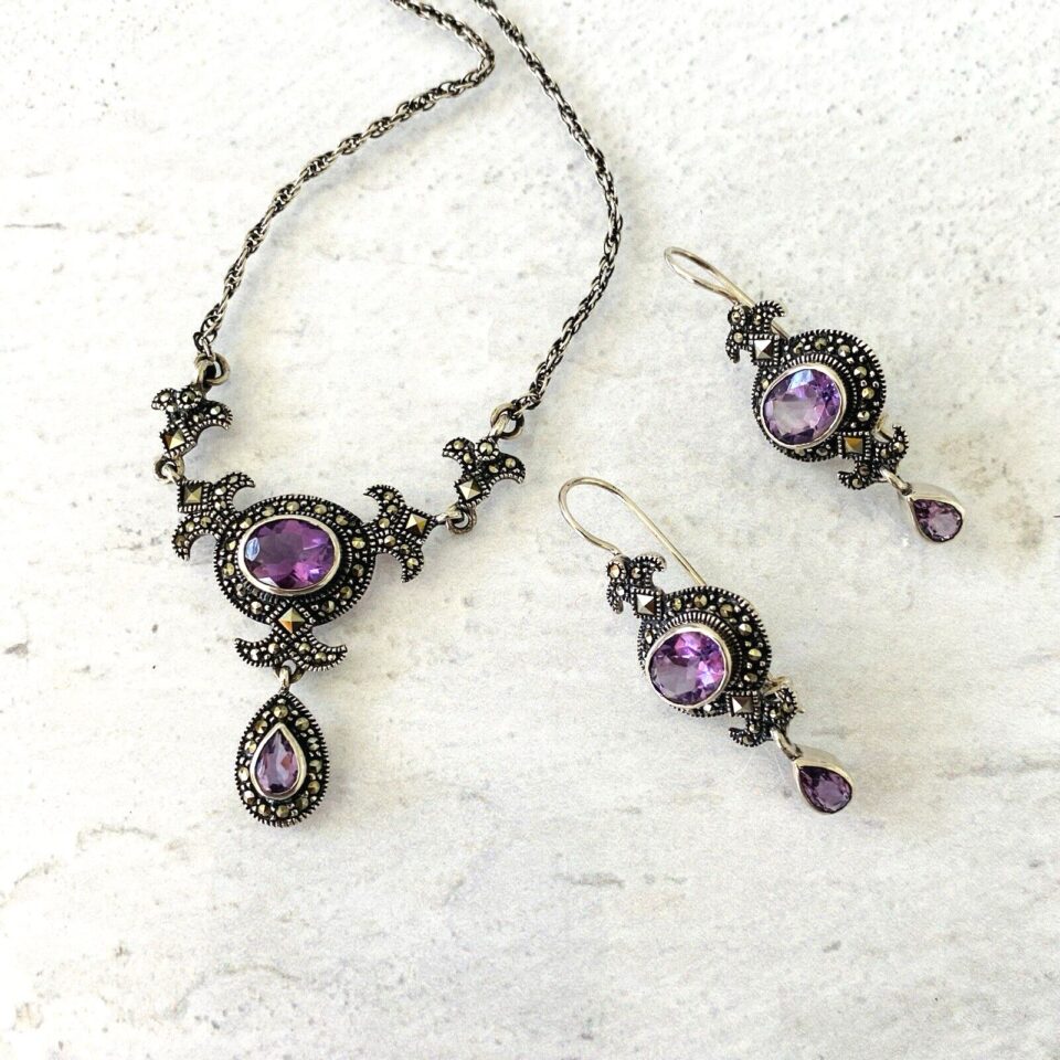 Sterling Silver Marcasite Amethyst Necklace Earrings Set