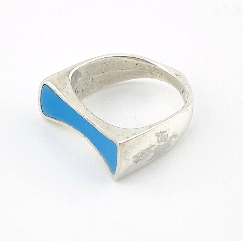 Vintage Modernist Sterling Silver Ring Turquoise Enamel Saddle Setting Size 7.25