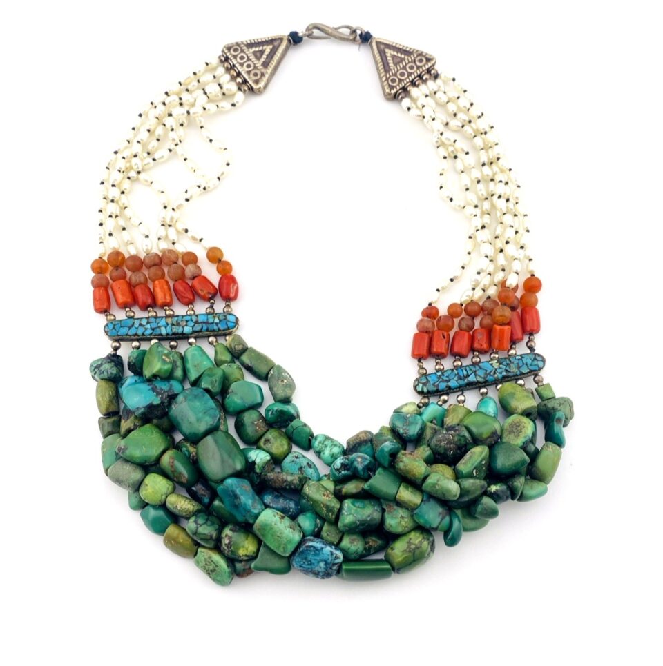 Tibetan Silver Necklace Turquoise Coral Baroque Pearls Carnelian
