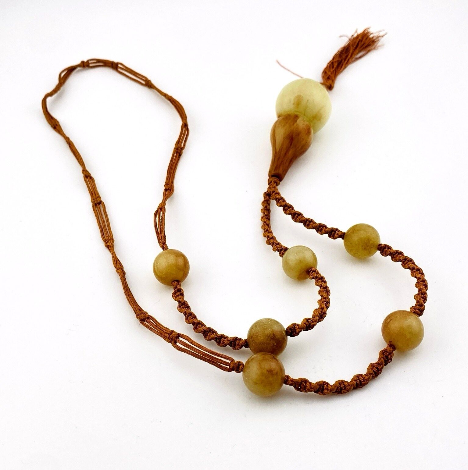 Vintage Jadeite Jade Hand Woven Silk Necklace Good Luck Gourd Pendant 26" Long