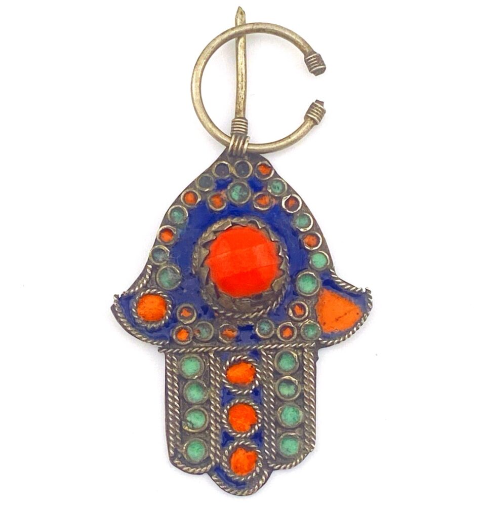 Vintage Middle Eastern Hamsa Hand of Fatima Fibula Enameled Lapis Turquoise Coral