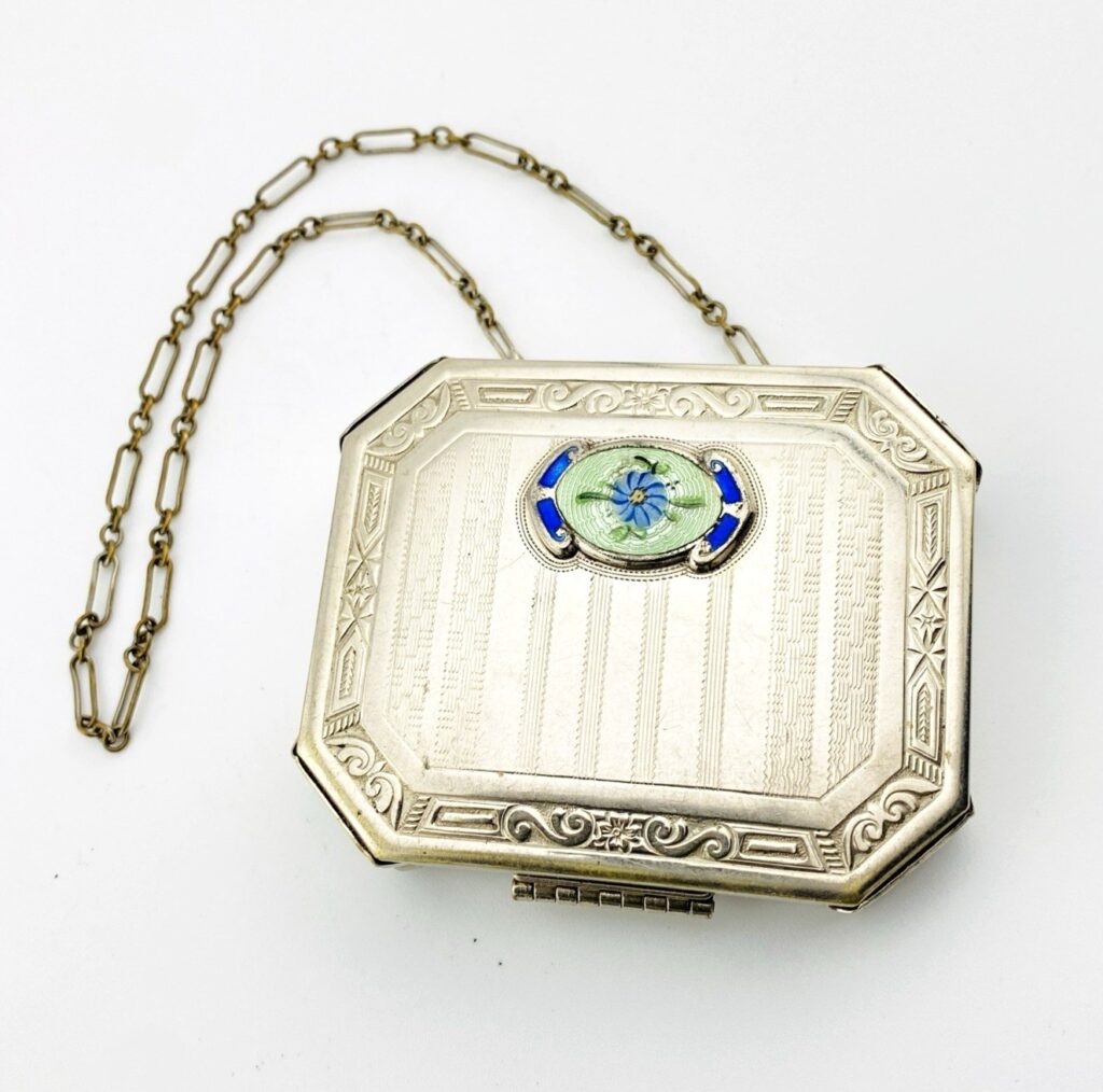 Antique Art Deco Necessaire Compact Purse Chrome with Floral Guilloche Enamel