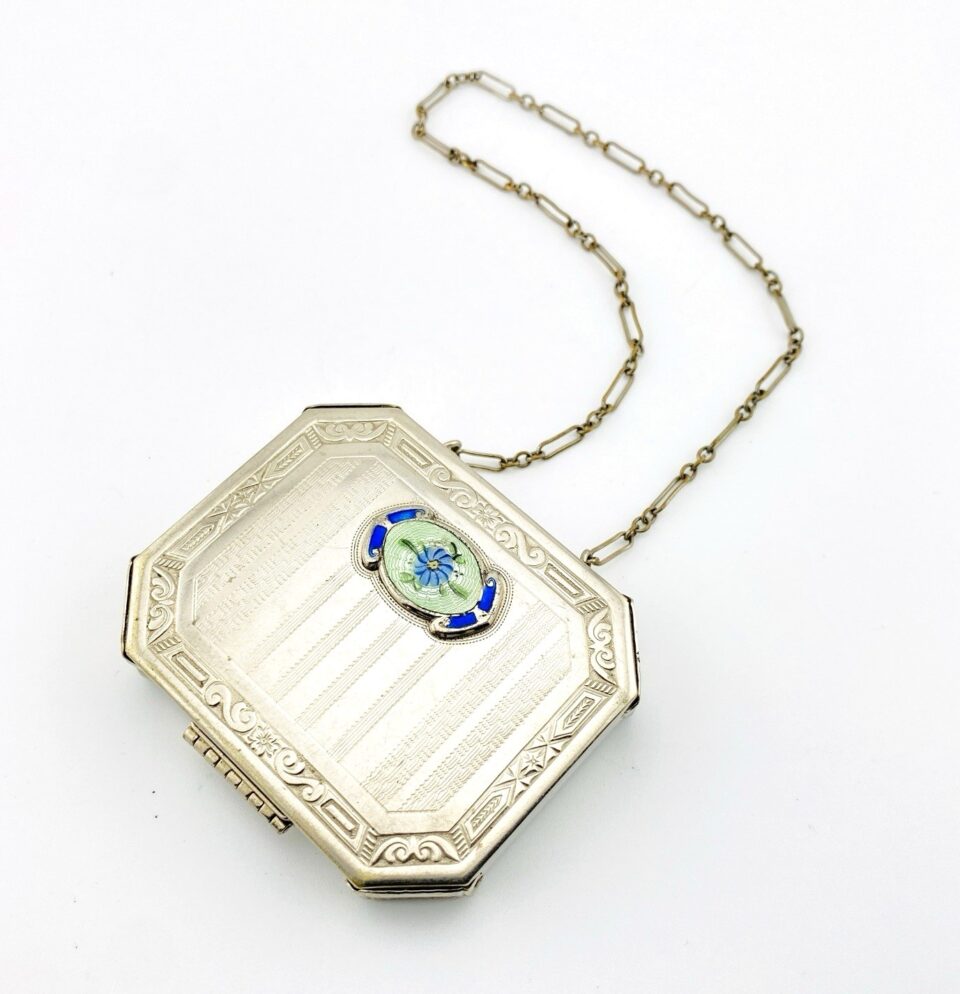 Antique Art Deco Necessaire Compact Purse Chrome with Floral Guilloche Enamel