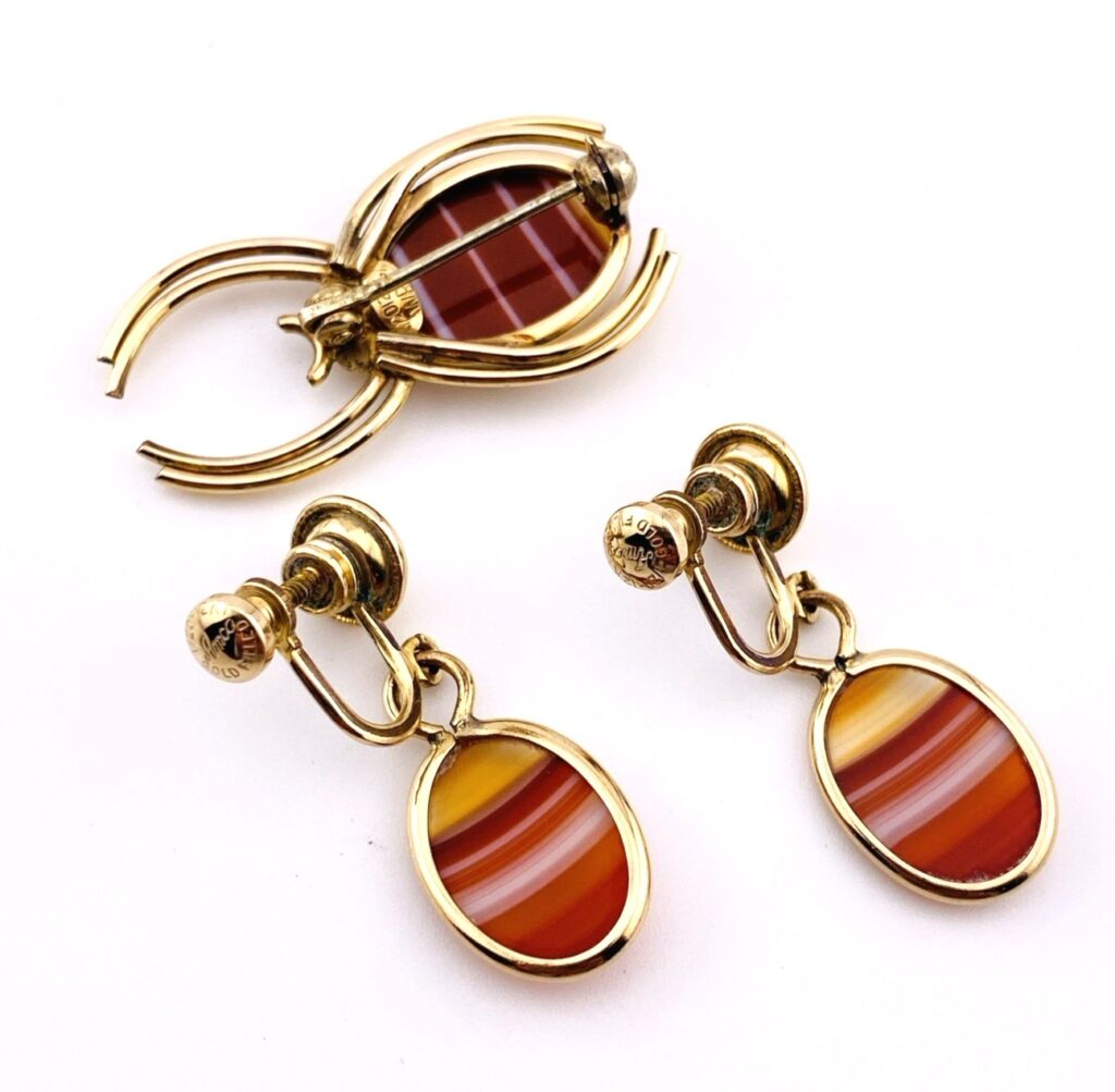Banded Agate Gold Filled Spider Brooch Pin And Earrings