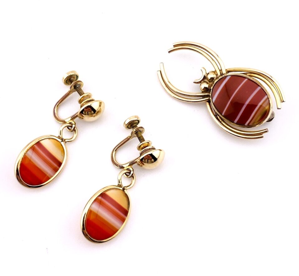 Banded Agate Gold Filled Spider Brooch Pin And Earrings