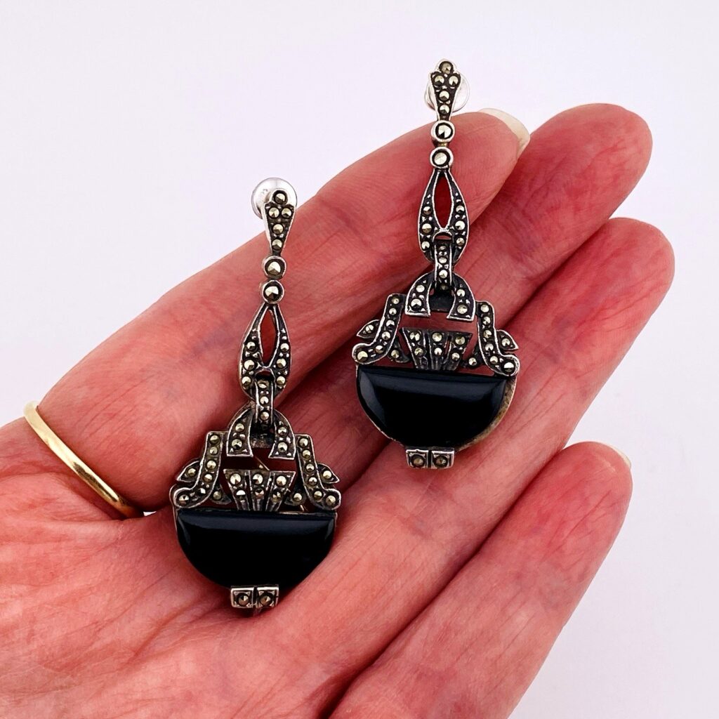 Black Onyx Sterling Silver Marcasite Long Drop Earrings