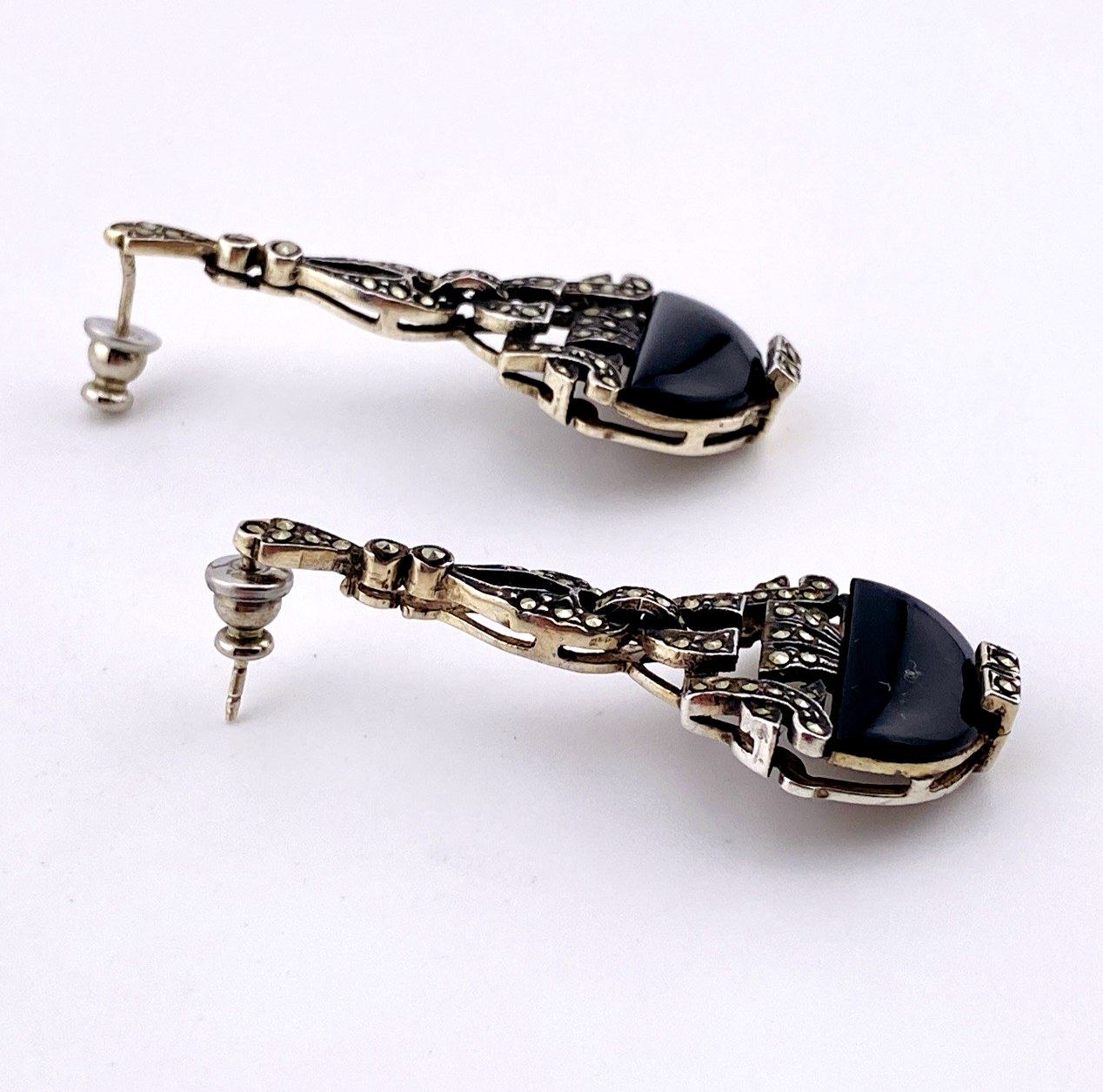 Black Onyx Sterling Silver Marcasite Long Drop Earrings