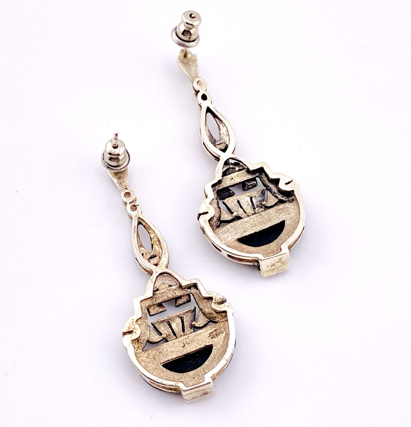 Black Onyx Sterling Silver Marcasite Long Drop Earrings