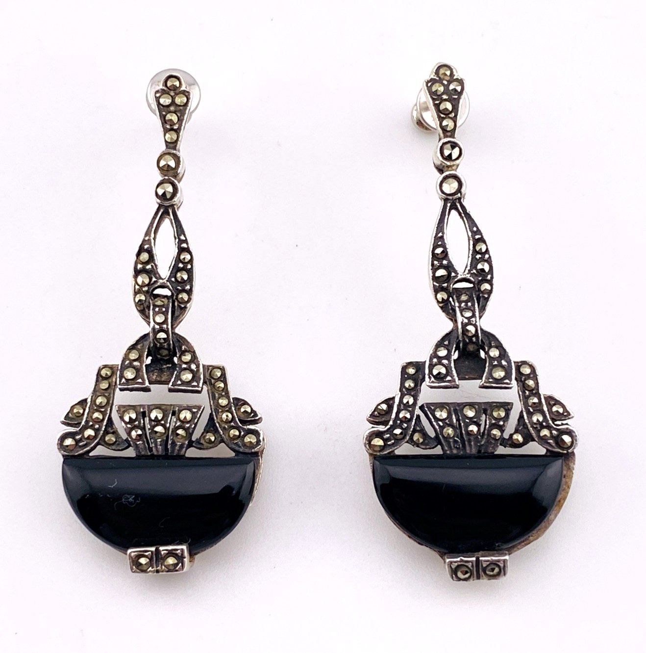 Black Onyx Sterling Silver Marcasite Long Drop Earrings