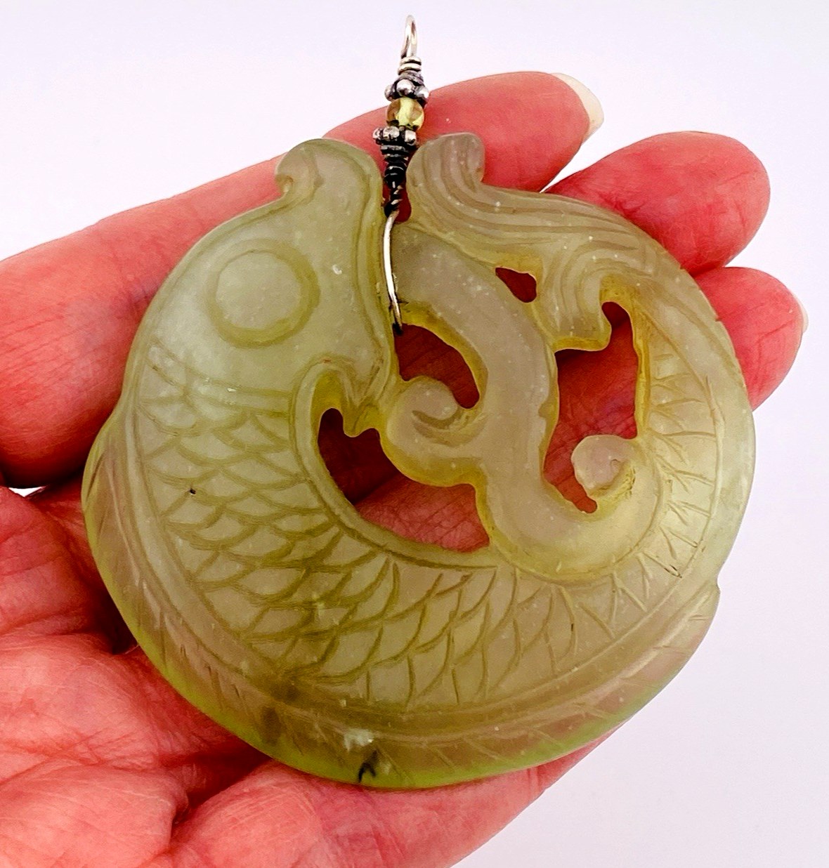 Hand Carved Serpentine Stone Fish Pendant