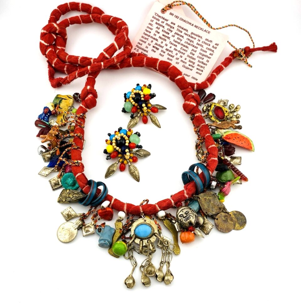 Handcrafted Charm Necklace Loaded with Worldwide Milagros Chachkas with Earrings