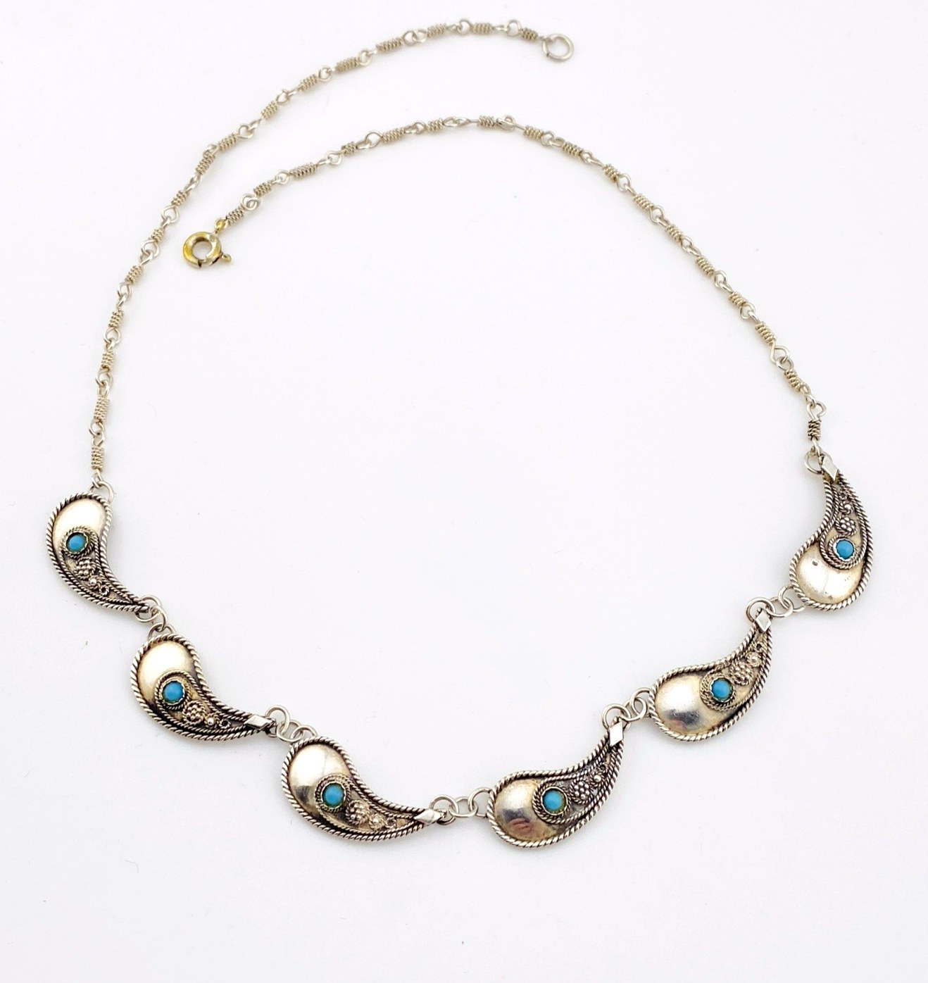 Paisley Link Turquoise Glass Cabochon Sterling Silver Necklace
