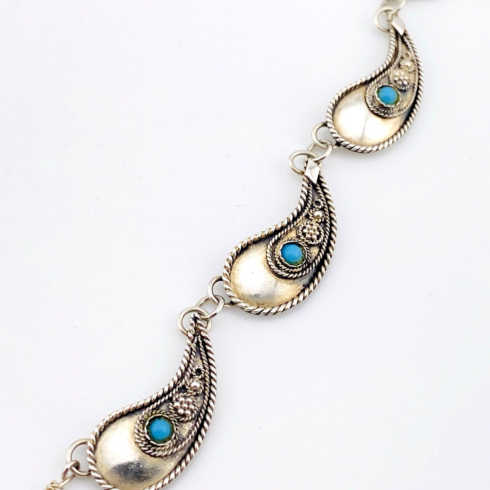Paisley Link Turquoise Glass Cabochon Sterling Silver Necklace