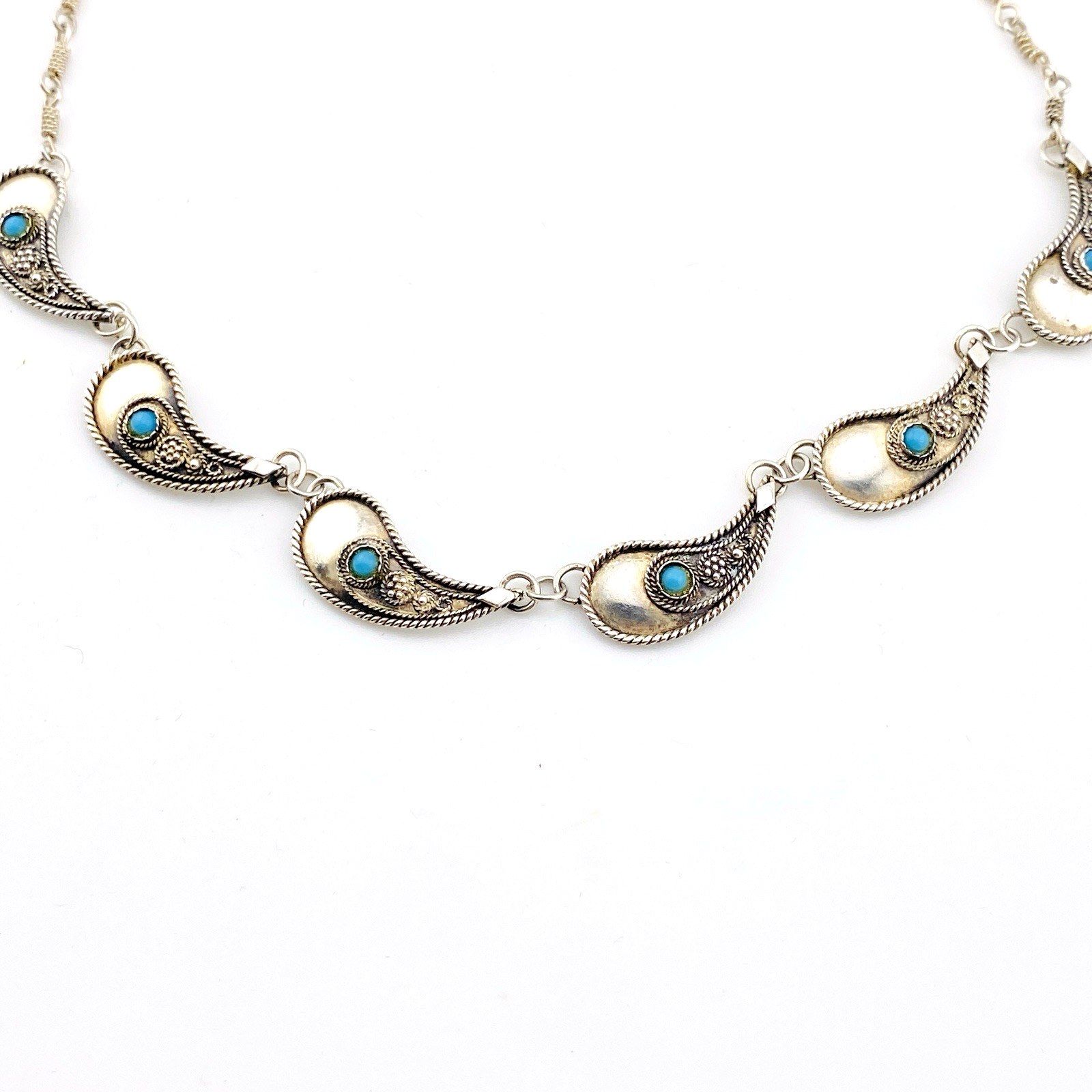 Paisley Link Turquoise Glass Cabochon Sterling Silver Necklace