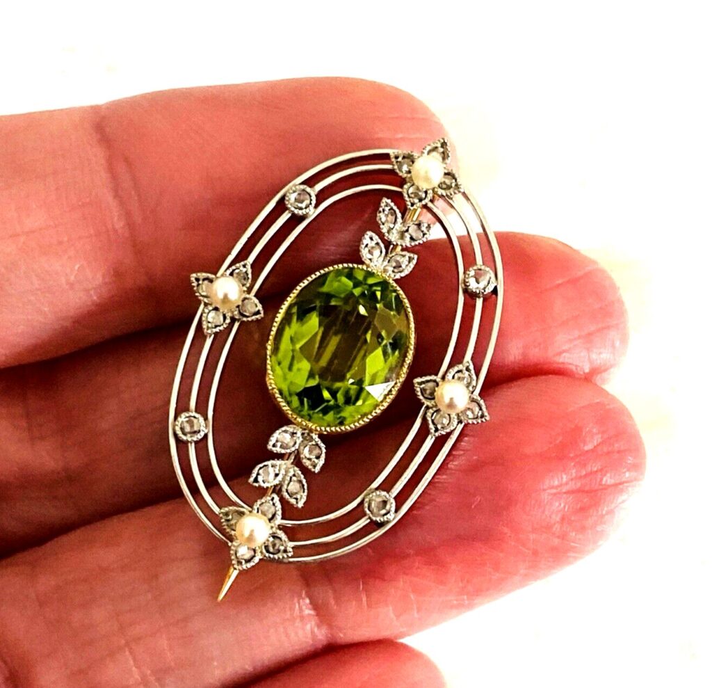 Peridot Diamond Pearl Platinum and Gold Brooch