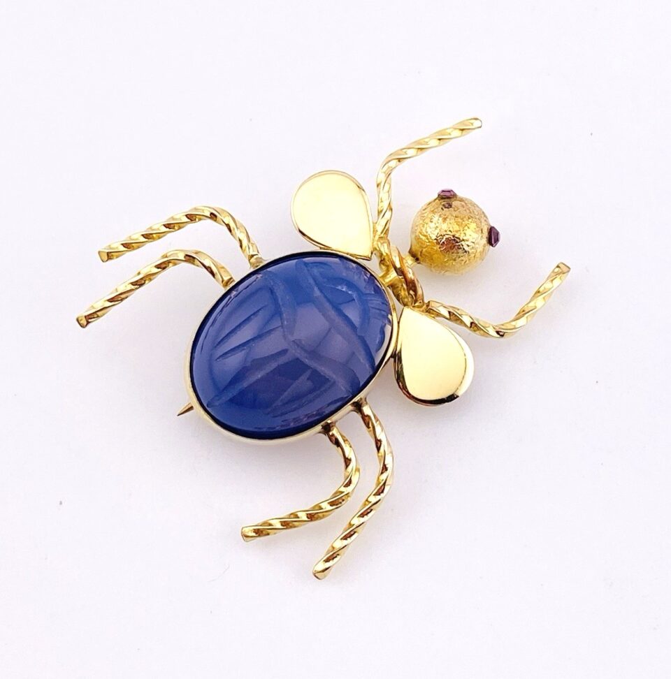 Blue Onyx Scarab Gold Filled Bug Brooch
