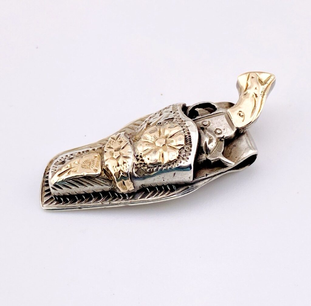 Vintage Cowboy Cowgirl Gun in Fancy Holster Pendant Charm 10k Gold and Sterling
