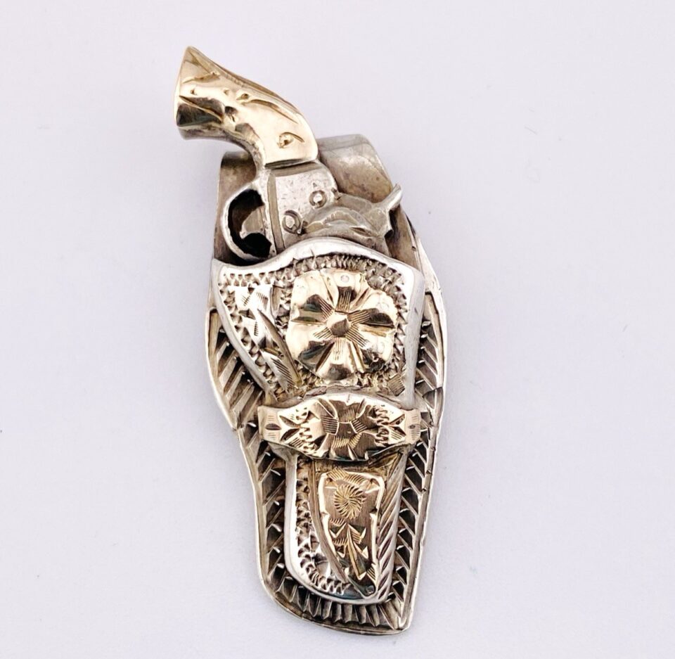Vintage Cowboy Cowgirl Gun in Fancy Holster Pendant Charm 10k Gold and Sterling