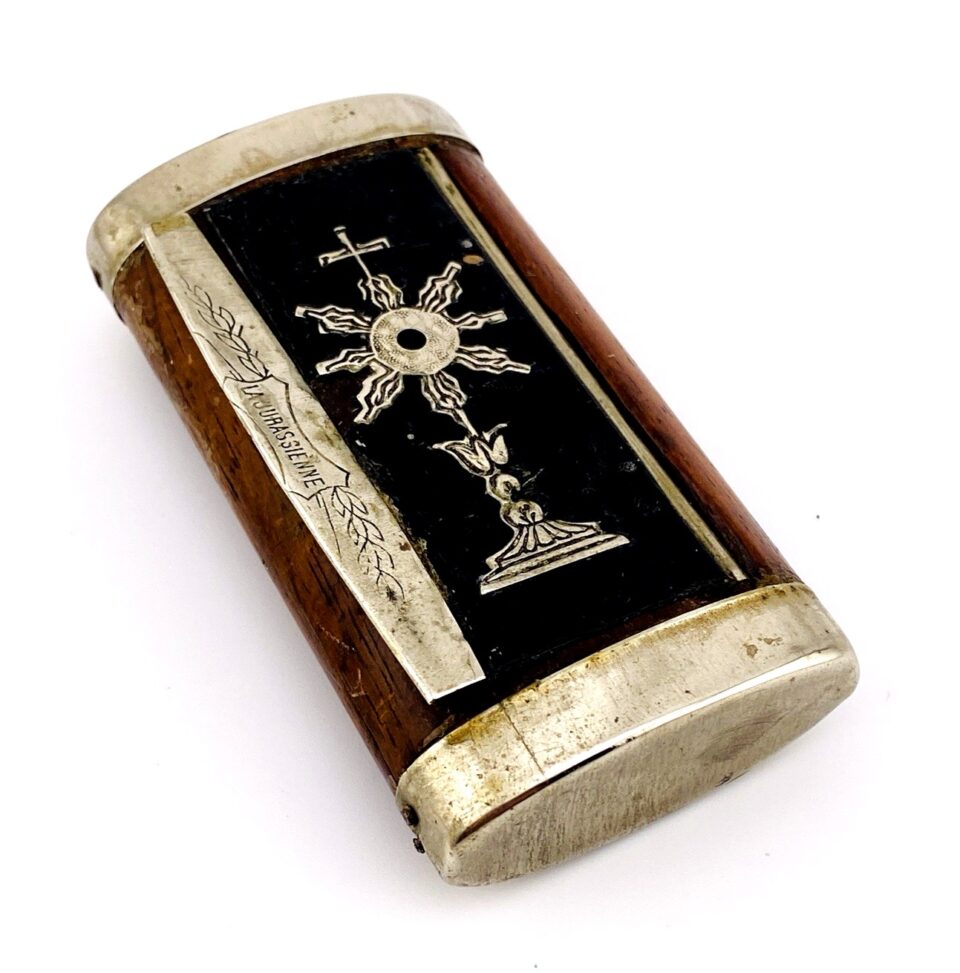 Vintage French France Inlaid Wood Comtoise Nickel Snuff Trinket Rosary Box