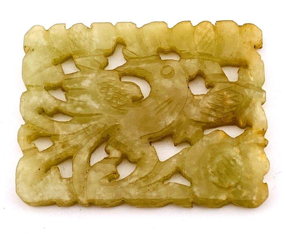 Vintage Rectangular Hand Carved Serpentine Stone Pendant Stylized Bird