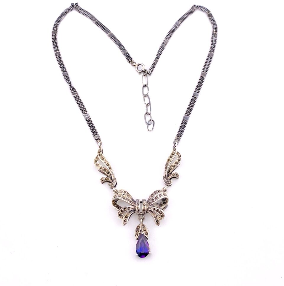 Vintage Sterling Silver Marcasite Bow Necklace with Amethyst CZ Drop